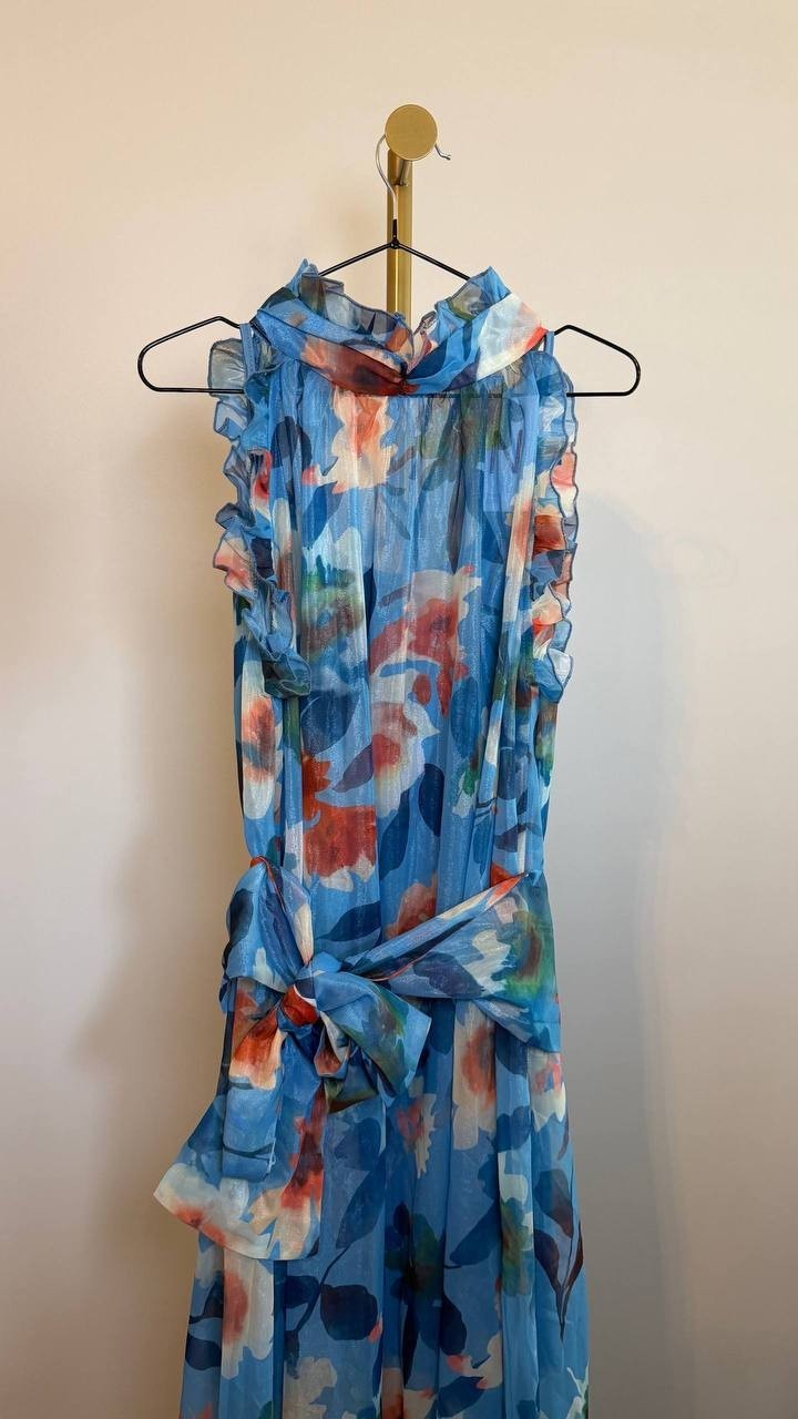Nancy Yang Floral Maxi Dress Blue Multi Size M NWT Ruffled Skirt Summer Event