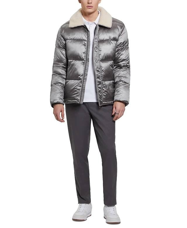 GUESS Men’s Puffer Jacket Sherpa Collar Silver Soiled M NWT $250