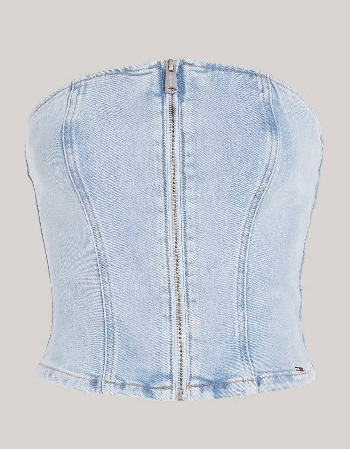 Tommy Jeans Denim Top S/P Strapless Zip-Front Smocked Back NWT - MSRP 90$