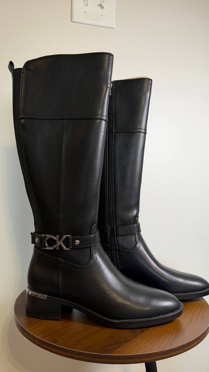 Calvin Klein Daphny Boots 7M Black Man‑Made Knee‑High Pointy Toe NIB msrp$169