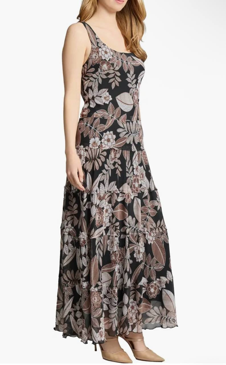 Jones New York Dress S Black Brown Floral Chiffon Maxi Sleeveless NWT $99.50