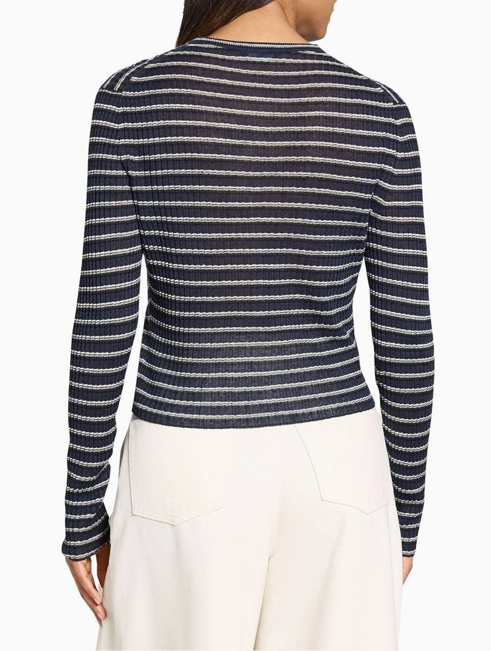 Theory Striped Linen-Blend Crop Cardigan Nocturne Navy Multi Size L Women
