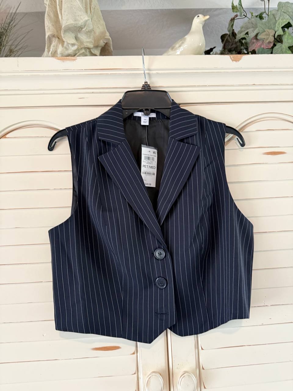 Bar III Women's Pinstriped Vest PM Petite Navy Career Stretch NWT