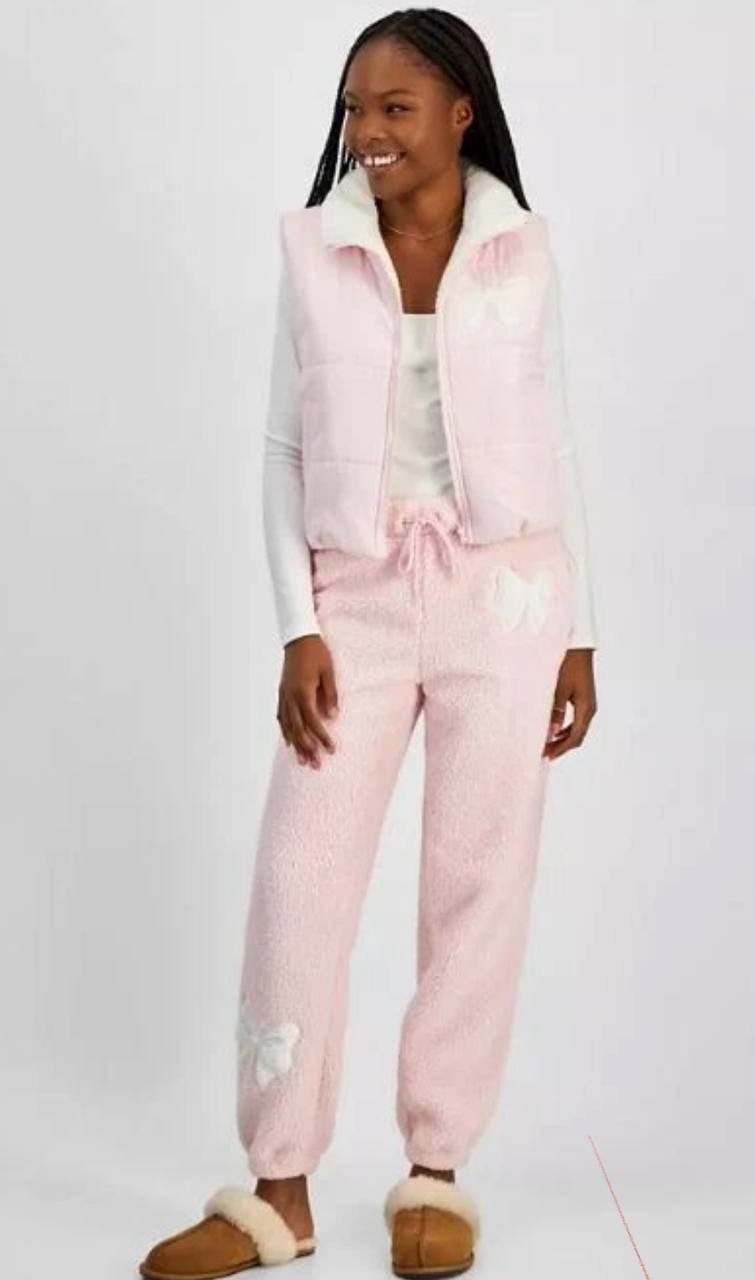 Madden Girl Sherpa Puffer Vest Pink, Bow Accent, Juniors' M, Sleeveless