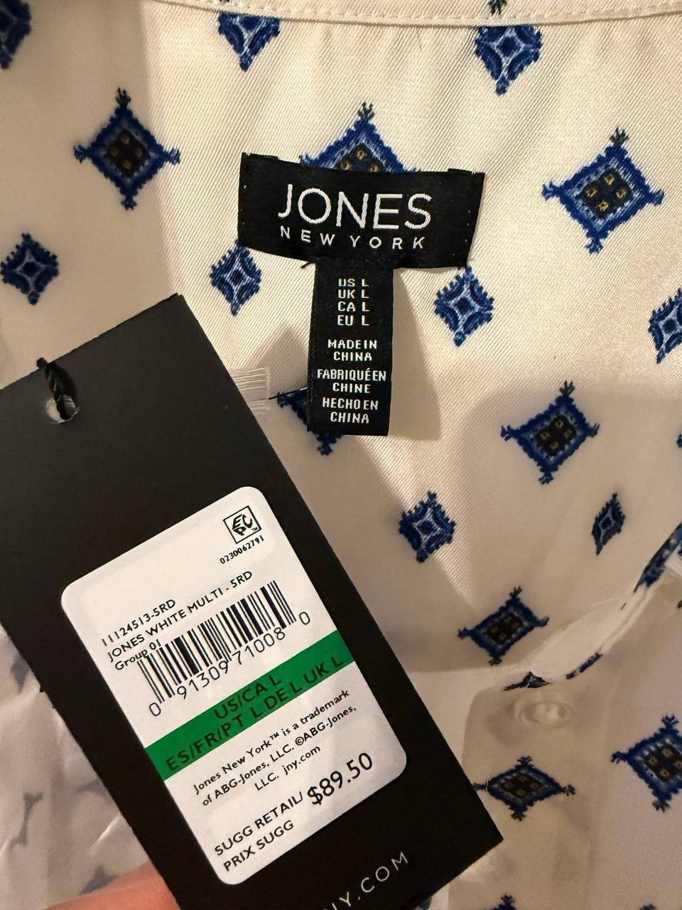 Jones New York Diamond‑Print Button‑Up Shirt – Black/White – Size L – NWT – $89.