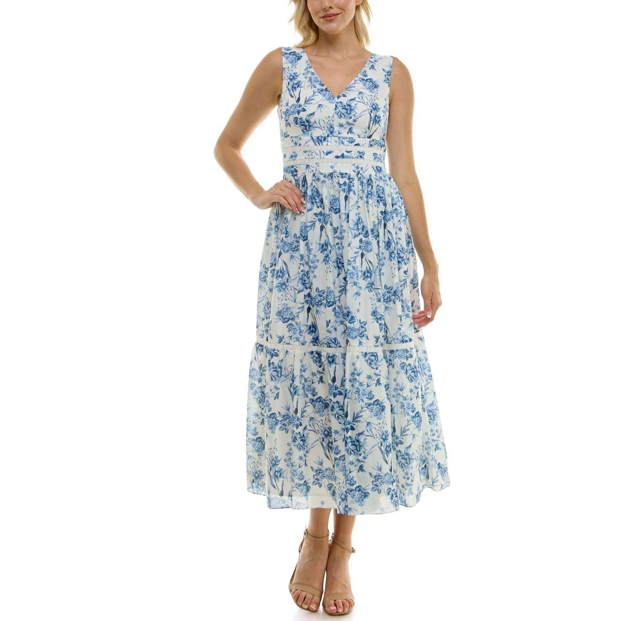 Taylor Women’s V‑Neck Floral Fit & Flare Dress Blue/White Size 12 NWOT $139