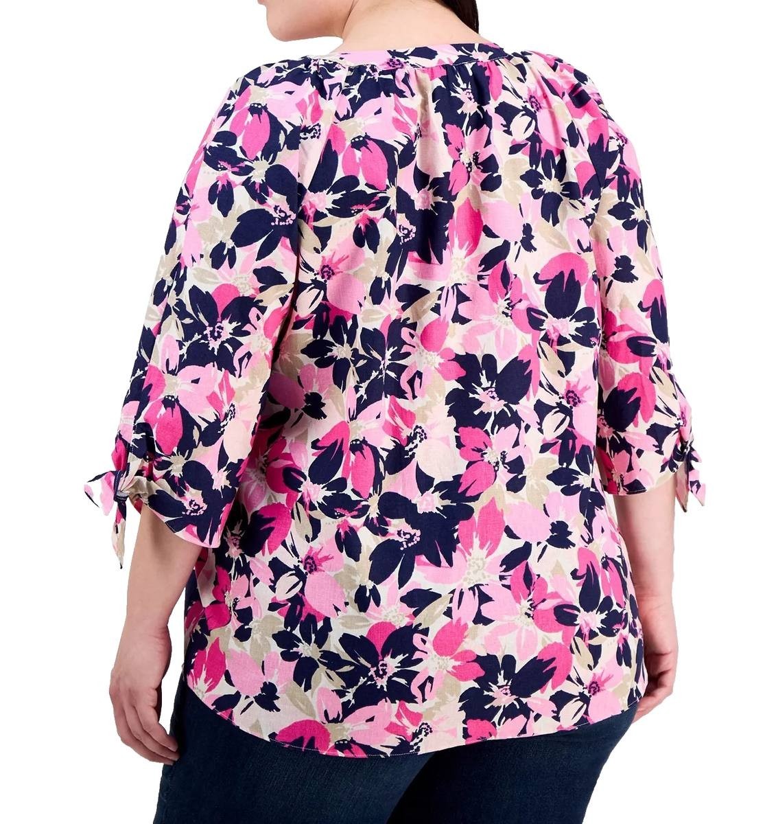Jones New York Tie‑Sleeve Printed Split‑Neck Blouse White Multi XL NWT $69.50