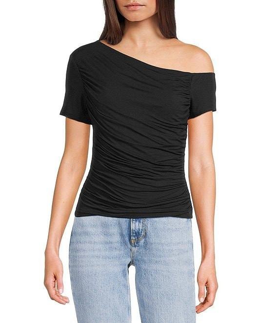 Guess Solid Asymmetrical Neckline Short Sleeve Shirred Top Black L NWT $59