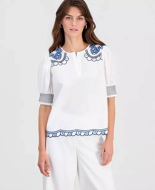 T Tahari Cotton Embroidered‑Trim Split‑Neck Top White Star XL NWT $88