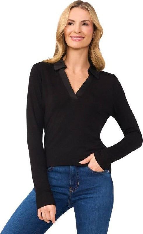 CeCe Collared V‑Neck Long‑Sleeve Top – Black – Size XL – NWT – $49