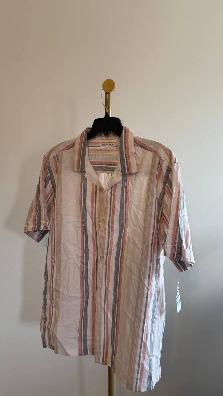 Cubavera Men’s Striped Panel Button‑Front Linen Camp Shirt Egret XL/EG $80 NWT