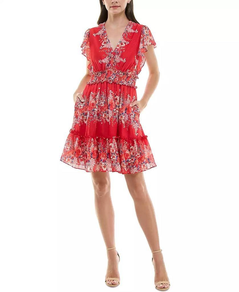 Taylor Printed Flutter-Sleeve Fit Flare Dress Flame Denim 14 Pre-Owned