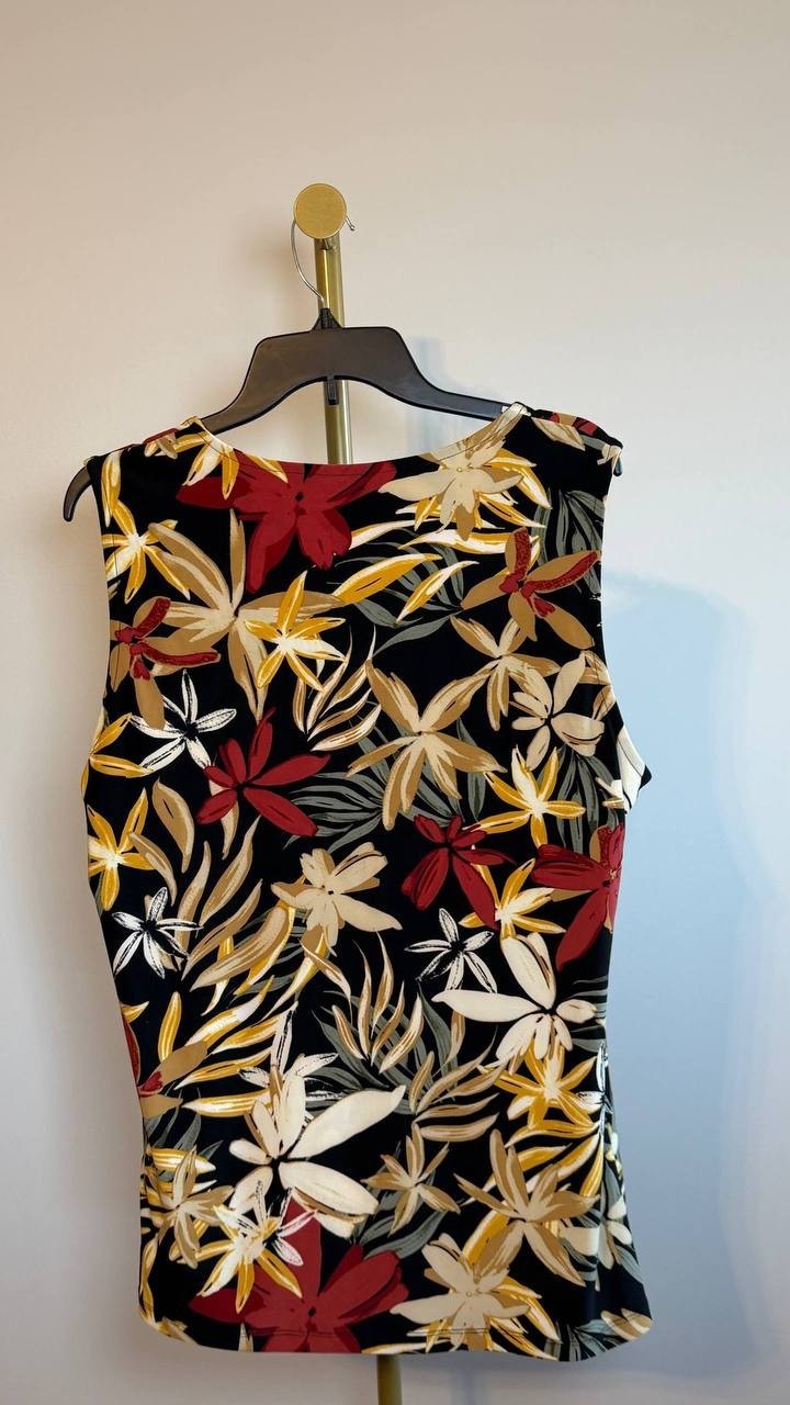 Anne Klein Printed Ruched Draped‑Neck Mesh Top Black Floral XL NWT $59
