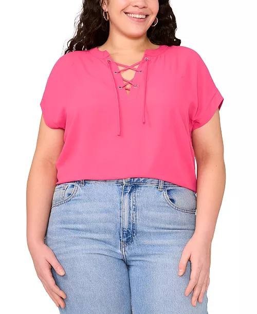 Vince Camuto Plus Size Lace‑Up Short‑Sleeve Top Pink 2X $79 NWT