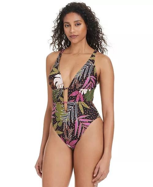 Bar III Safari Heat Shirred One‑Piece Swimsuit Multi S NWT $78