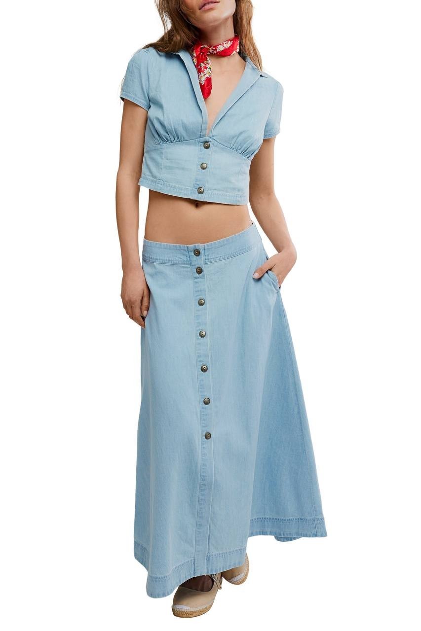 Free People Easy Does It Crop Cotton Button-Up Top Ice Crush S/P NWT $45