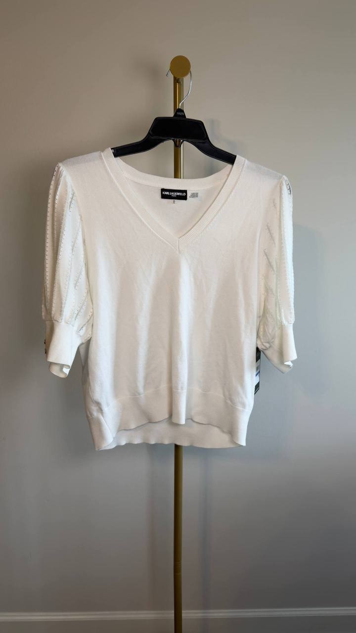 Karl Lagerfeld Paris Puffed‑Sleeve V‑Neck Sweater Soft White XL NWOT $79