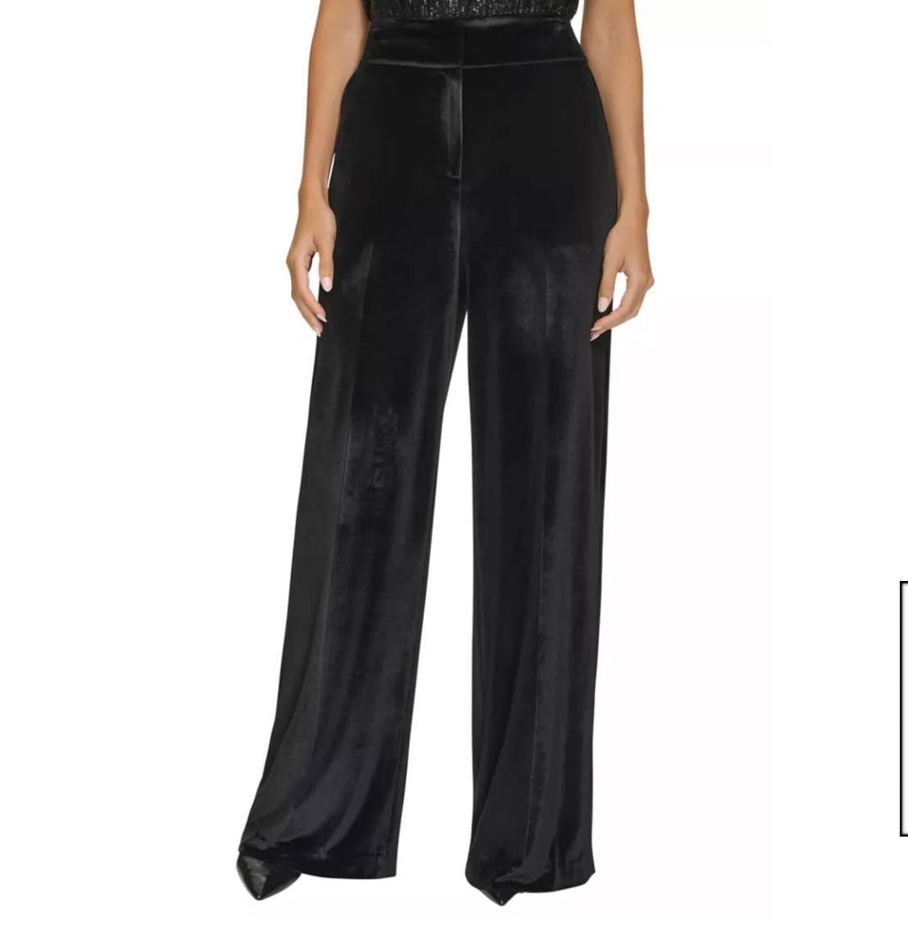Calvin Klein Velvet Pants 10 Black Wide-Leg High Rise Stretch NWT MSRP 99$