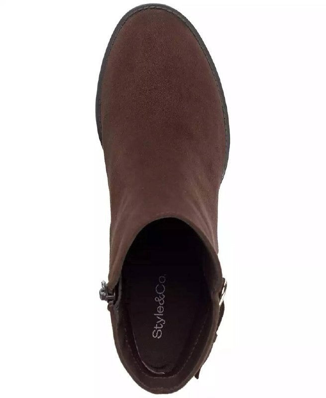 Style & Co Harlemm Booties 10M Brown Microfiber  Block  Buckle Zip NIB msrp$70