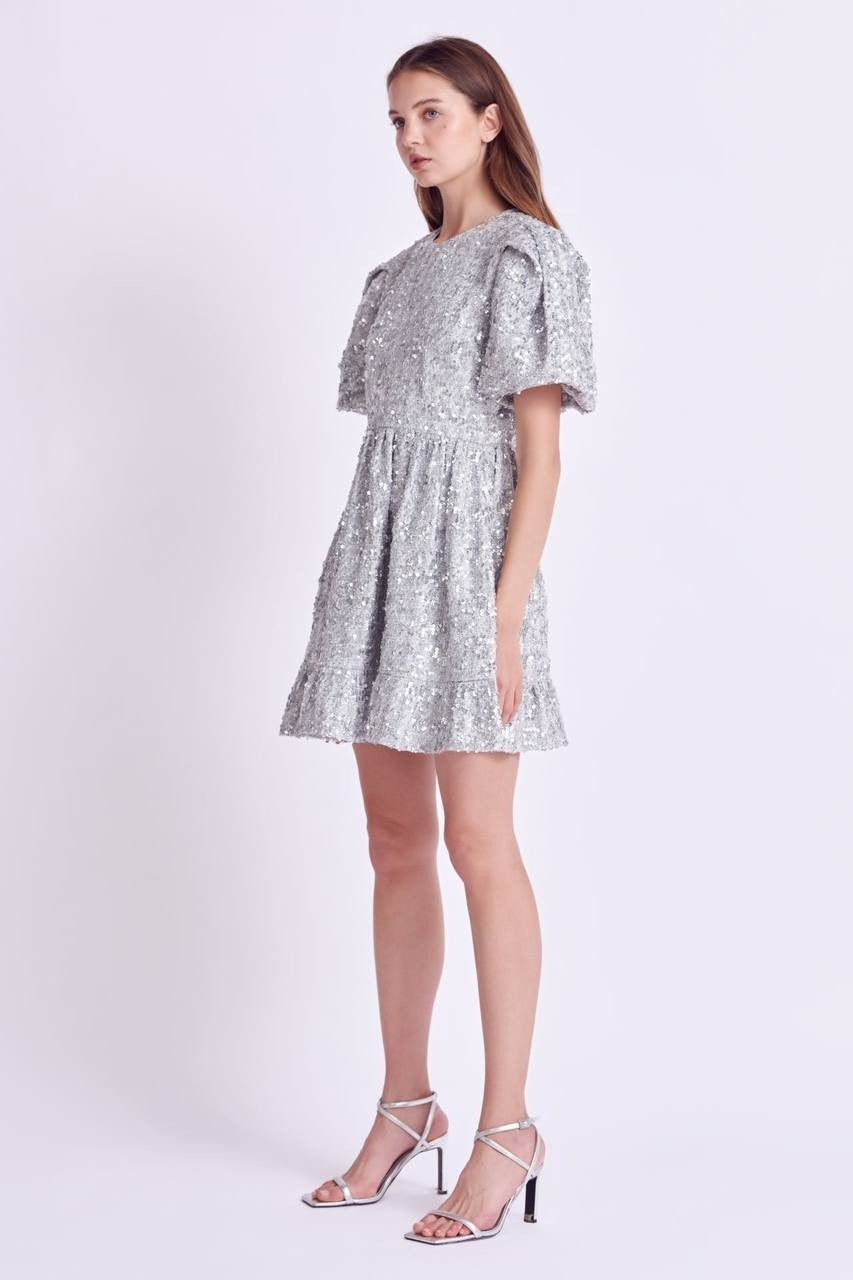 Sequin Tweed Tiered Mini Dress Silver Size M New No Tags – Party Chic