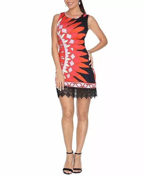 White Mark Printed Sleeveless Lace Hem Sheath Dress Black/Red L NWT $64