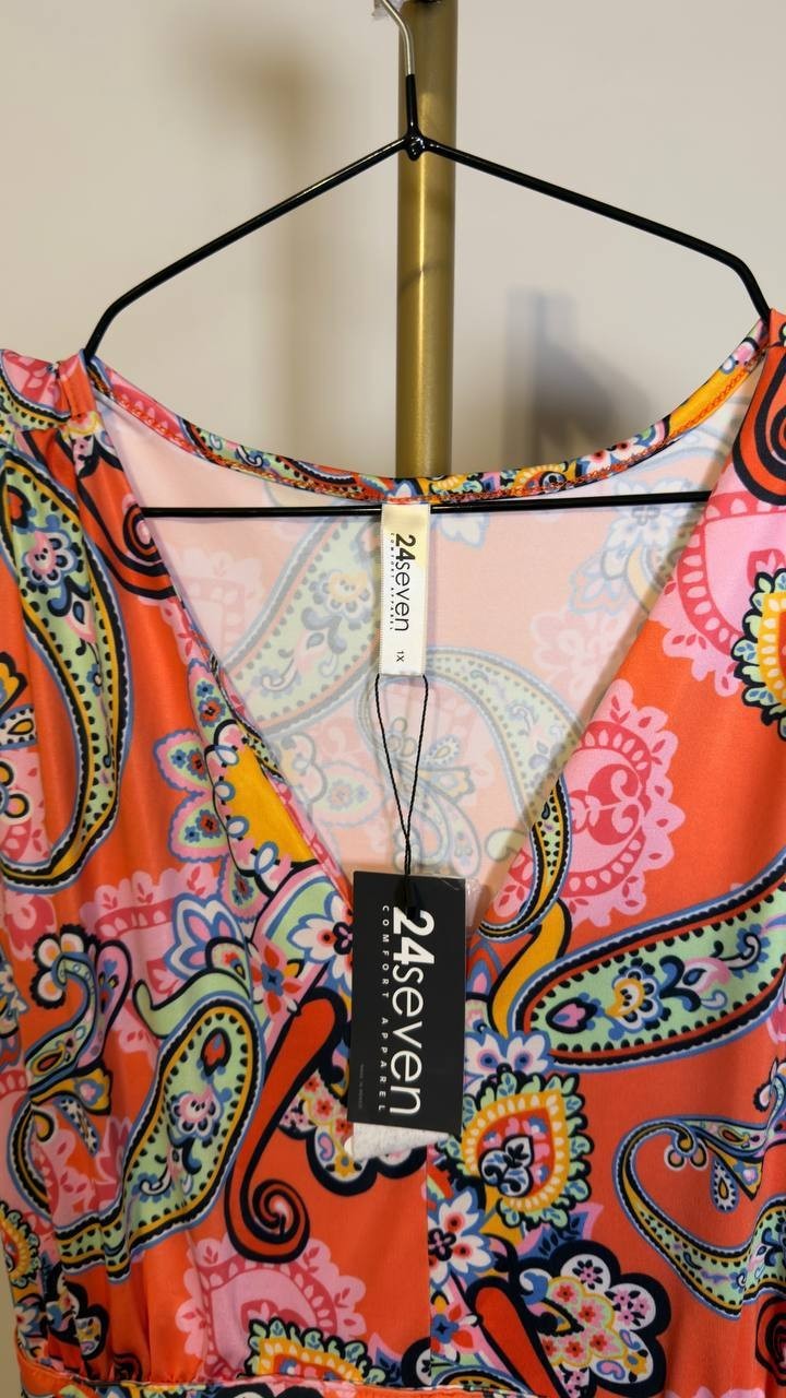 24seven Comfort Apparel Plus V‑Neck Sleeveless Maxi Dress Coral Multi 1X NWT $64