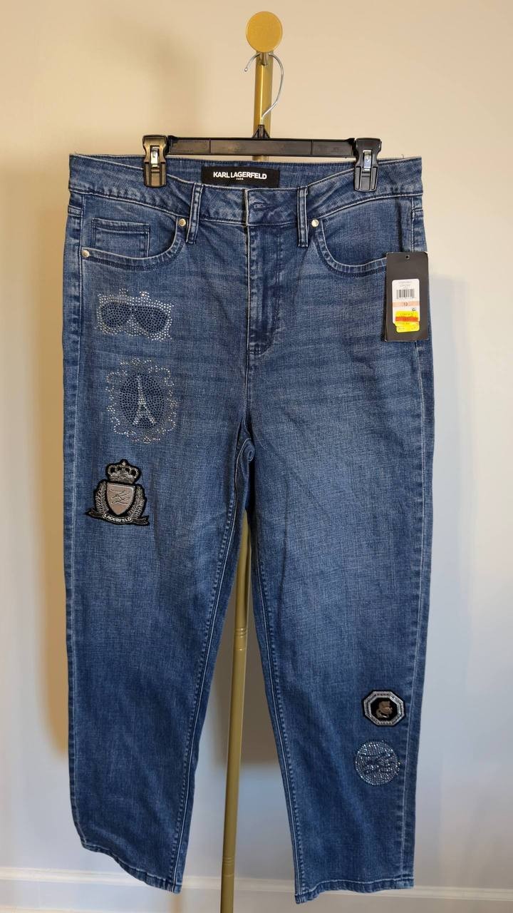Karl Lagerfeld Patch Denim Straight‑Leg Jeans Denim Blue 12 NWT $139