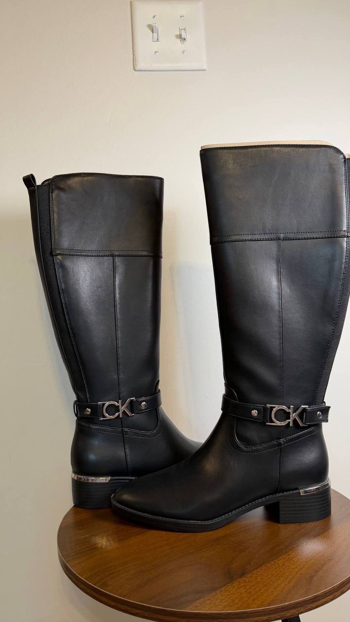 Calvin Klein Daphny Boots 7M Black Man‑Made Knee‑High Pointy Toe NIB msrp$169