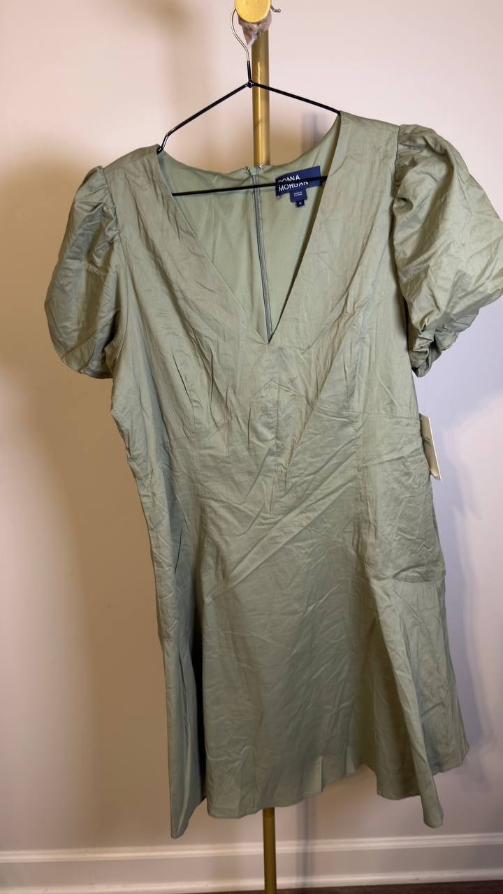 Donna Morgan Puff‑Sleeve V‑Neck Mini Dress Oil Green 16 NWOT $138