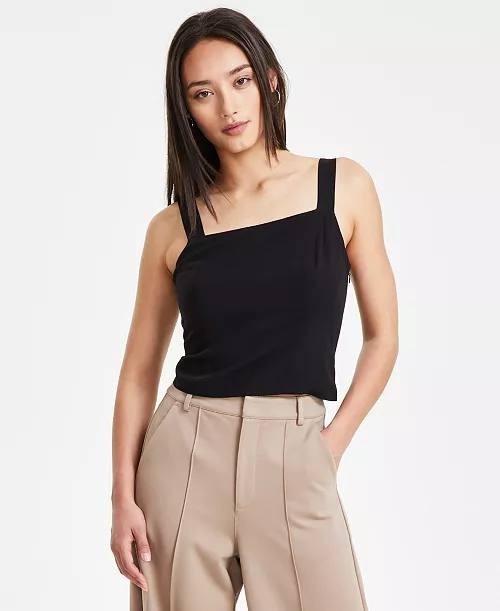 Bar III Petite Smocked Square-Neck Tank Top, Black, PS, NWT, Sleeveless