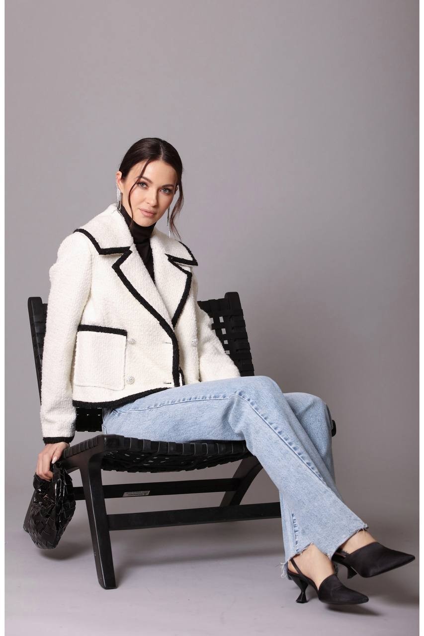 Avec Les Filles Tweed Double‑Breasted Tipped Jacket Cream M NWOT $169