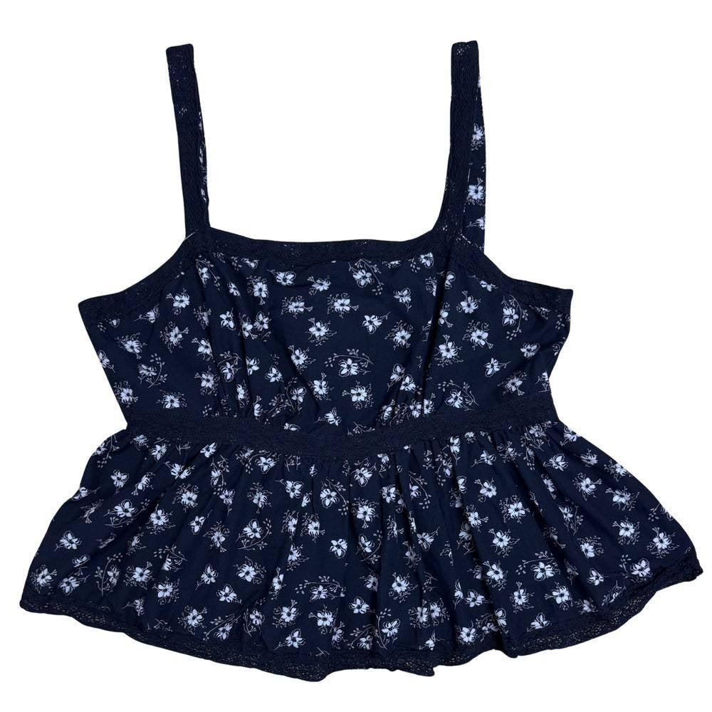 Celebrity Pink Juniors Babydoll Top Navy Floral Crochet Trim Square Neck