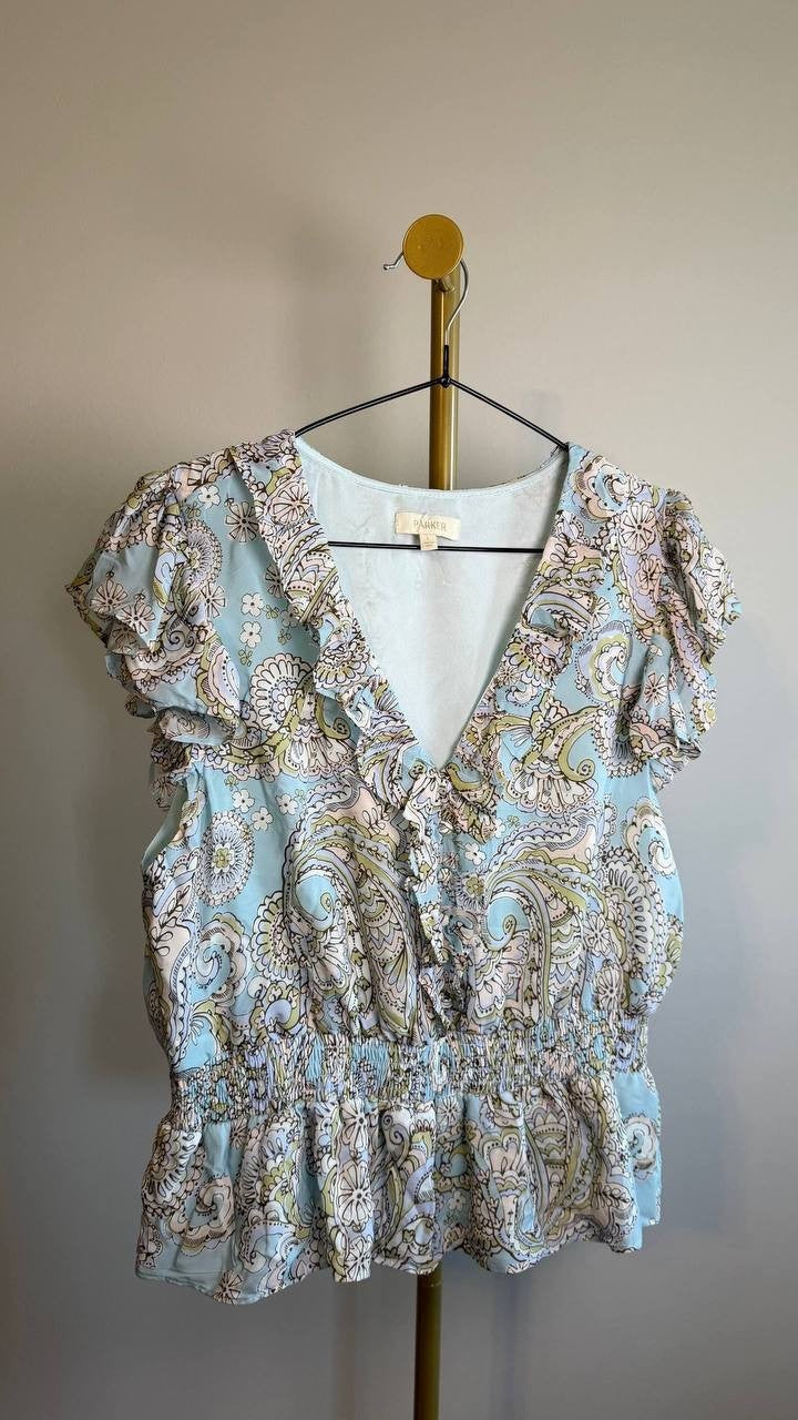 Parker Women’s The Margot Paisley‑Print Ruffled Top Blue Multi L $99 NWT