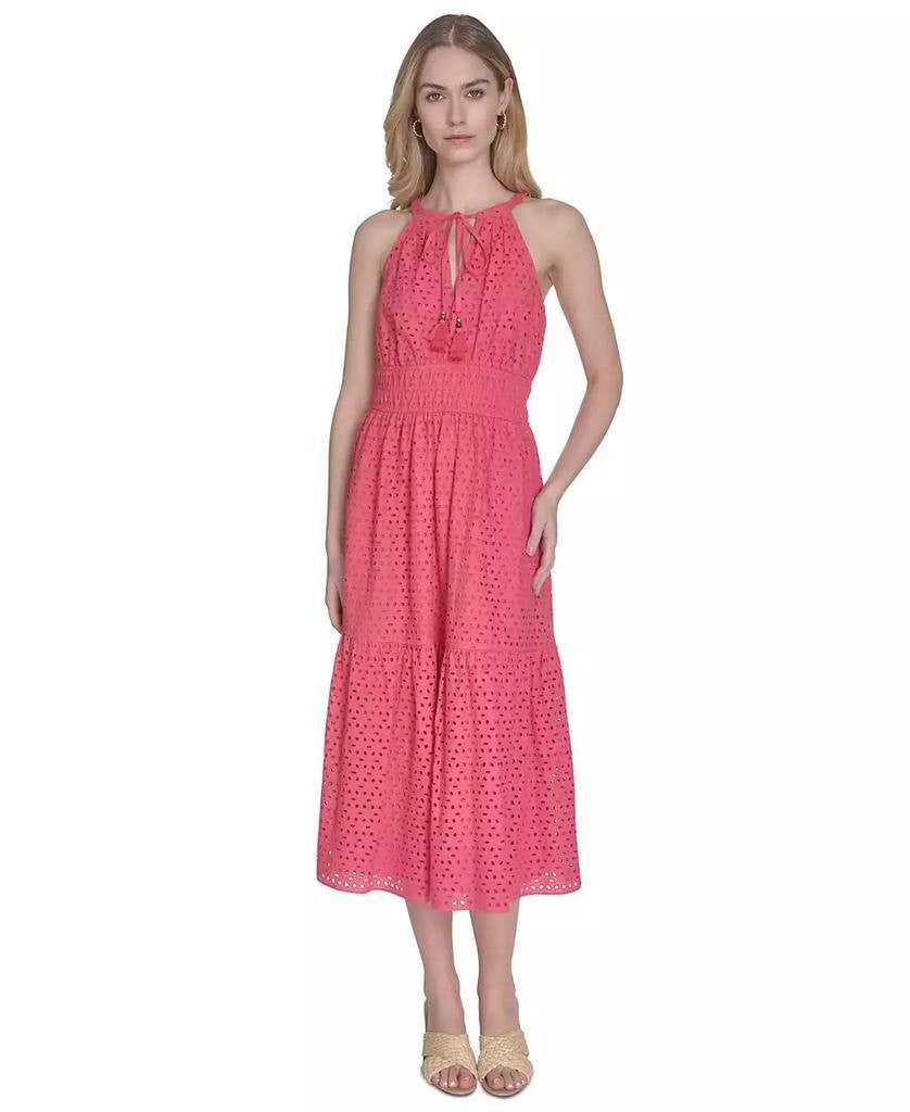 Vince Camuto Petite Cotton Tie‑Neck Tiered Dress Coral 12 NWOT $158