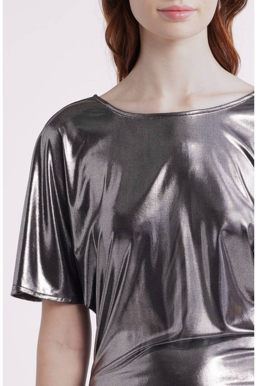 BOSS Orange Lamé Ruched Mini Dress Flutter Sleeves Grey L NWT $149