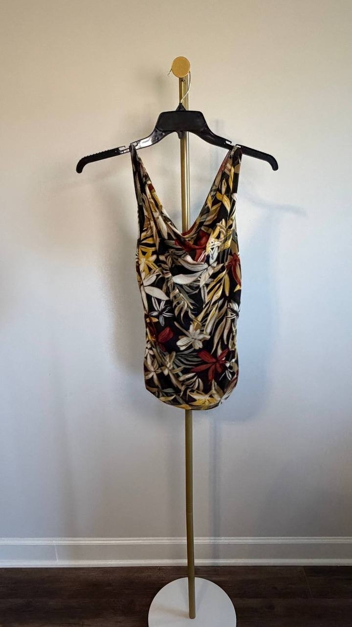 Anne Klein Printed Ruched Draped‑Neck Mesh Top Floral XXS NWT $69