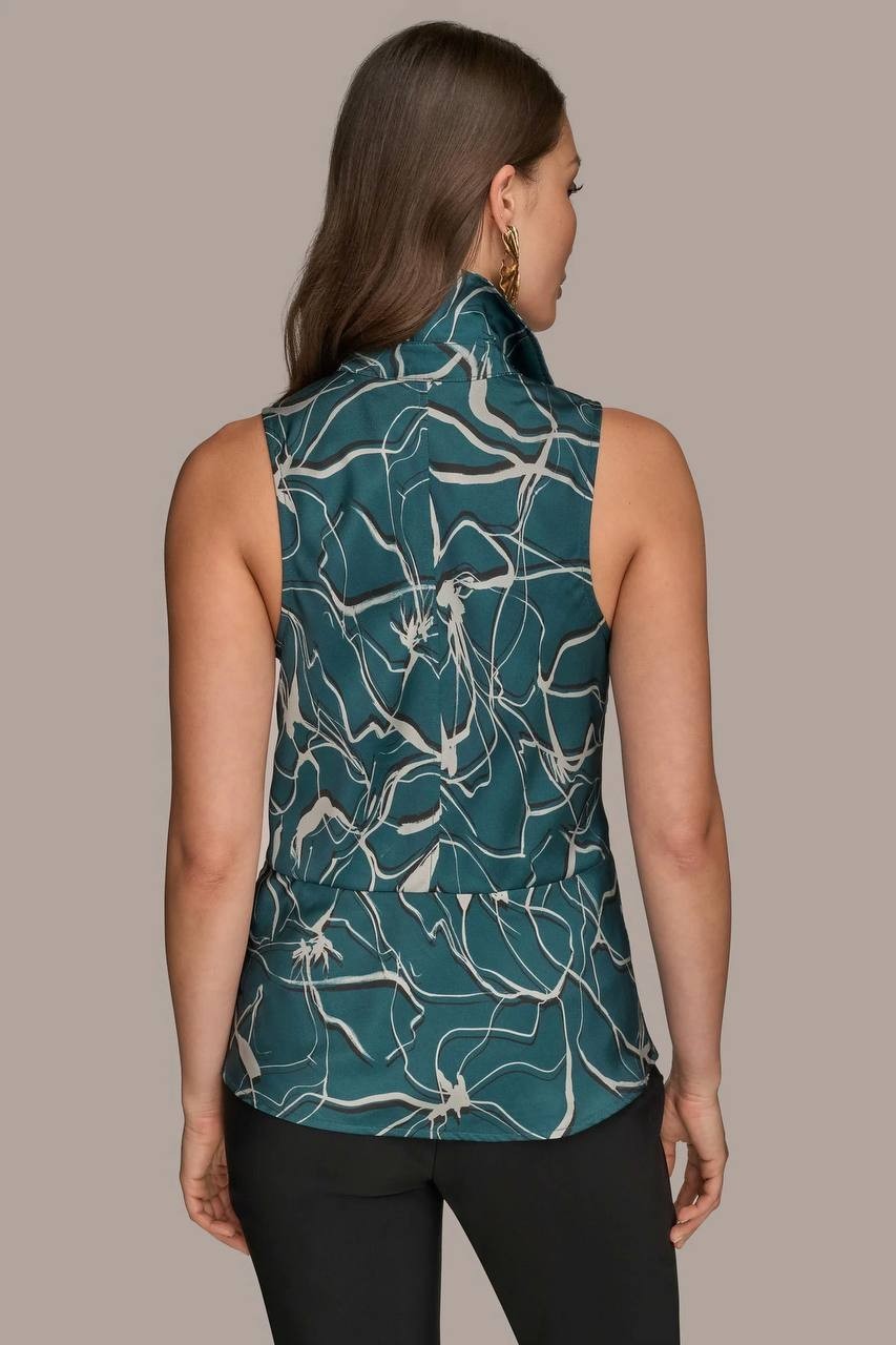 Donna Karan  Geometric Faux Wrap Sleeveless Top Green Multi 4 NWOT $109