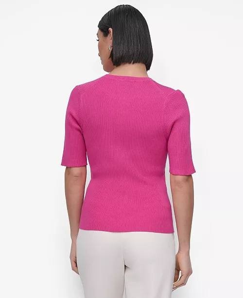 DKNY Sweater XS Pink Button Shoulder Elbow Sleeve Rib Knit Pullover Rayon NWT