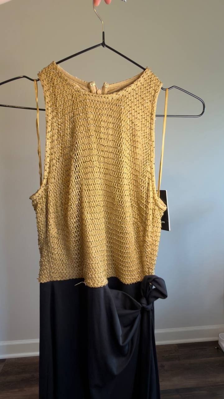 Lauren Ralph Lauren Beaded Mesh Jersey Tie-Front Gown Gold/Black 2 NWT $45