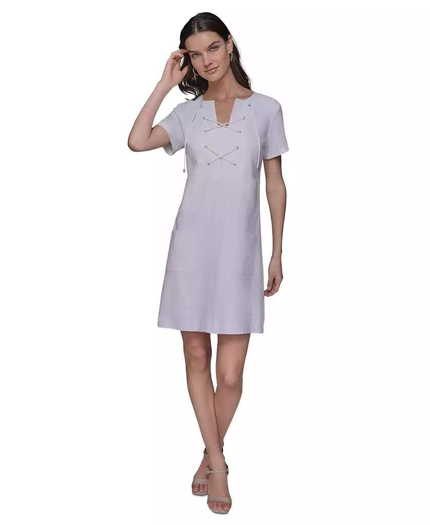 Karl Lagerfeld Paris Lace‑Up Bodice Shift Dress Soft White 10 $138 NWT