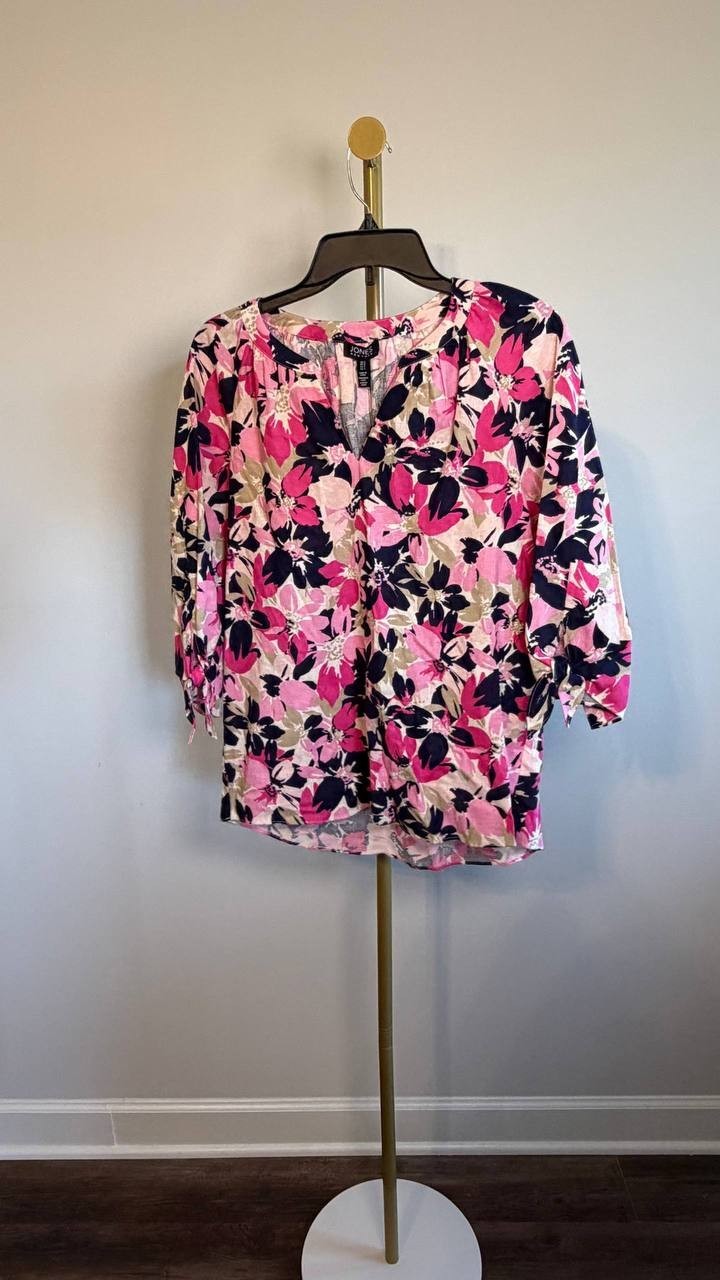 Jones New York V‑Neck Tie‑Sleeve Linen Blend Blouse White Multi S NWT $69.50