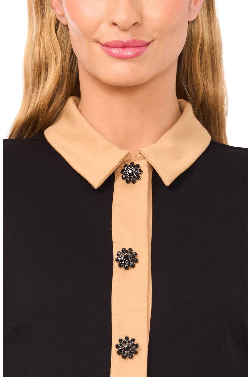CeCe Crystal Button Knit Button‑Up Shirt Rich Black M NWT $79