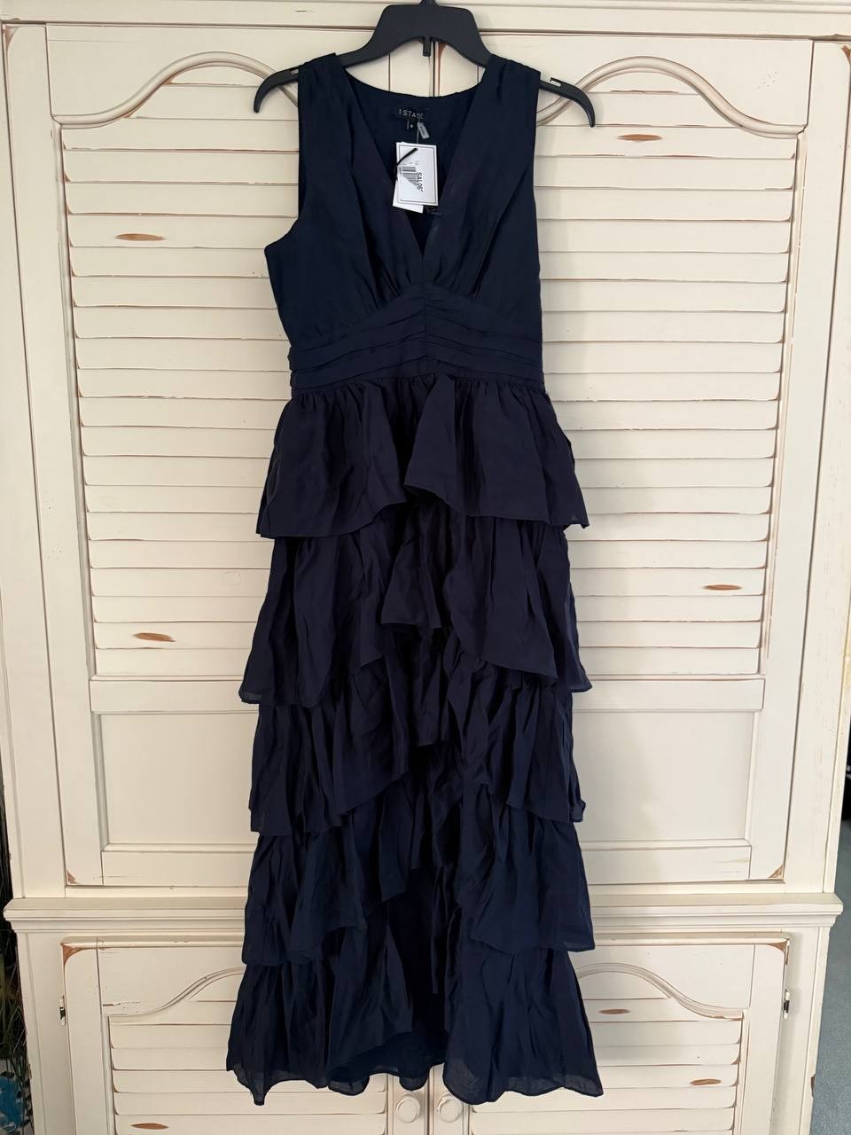 1.STATE Cascading Ruffle V-Neck Maxi Dress – Indigo Night, Size 6, Women's