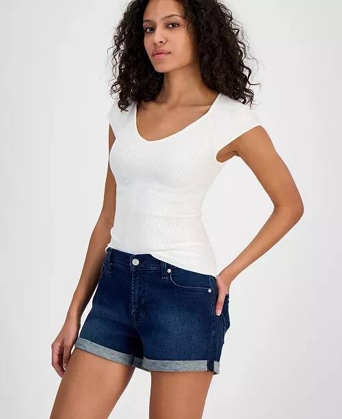 7 For All Mankind Mid‑Rise Roll Denim Shorts Blue 24 NWT $88