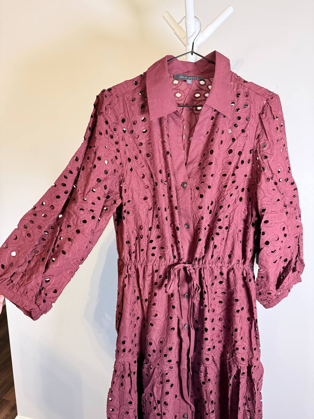 Julia Jordan Women’s Eyelet Tie‑Waist 3/4‑Sleeve Midi Dress – Wine – Size 6  NWT