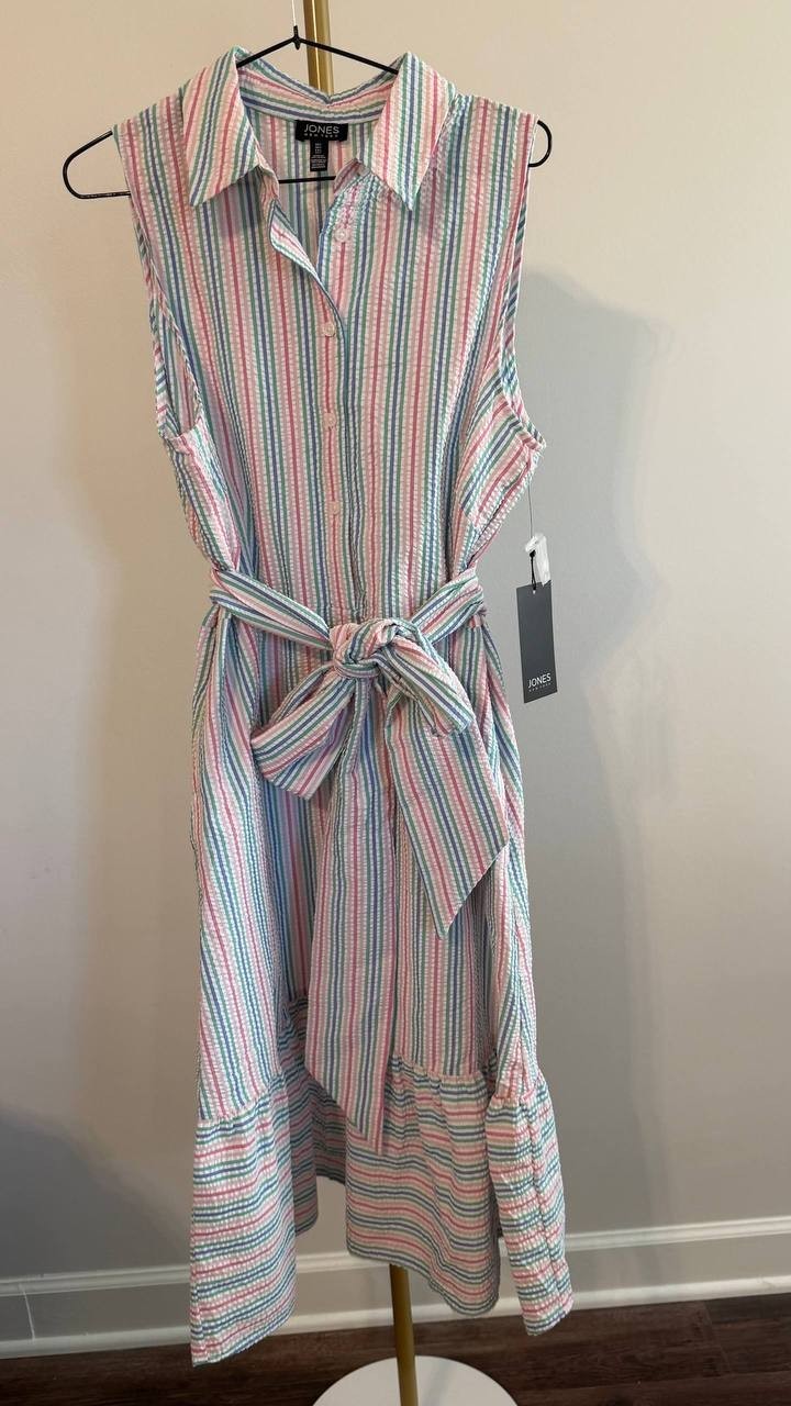 Jones New York Women’s Stripe Belted Shirtdress White Multi L $120 NWT