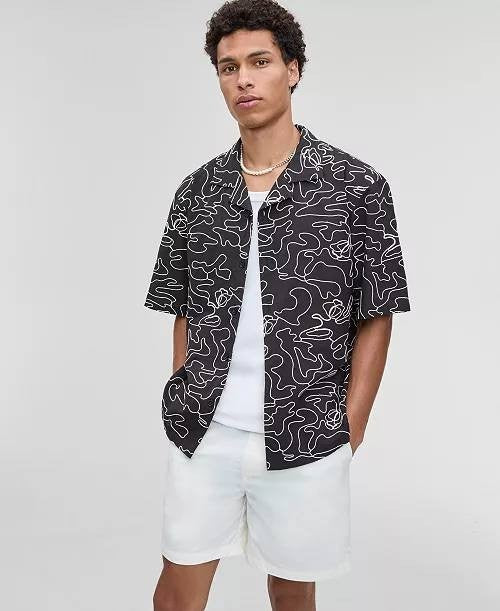 Mode of One Men’s Relaxed‑Fit Embroidered Poplin Camp Shirt Black S NWT