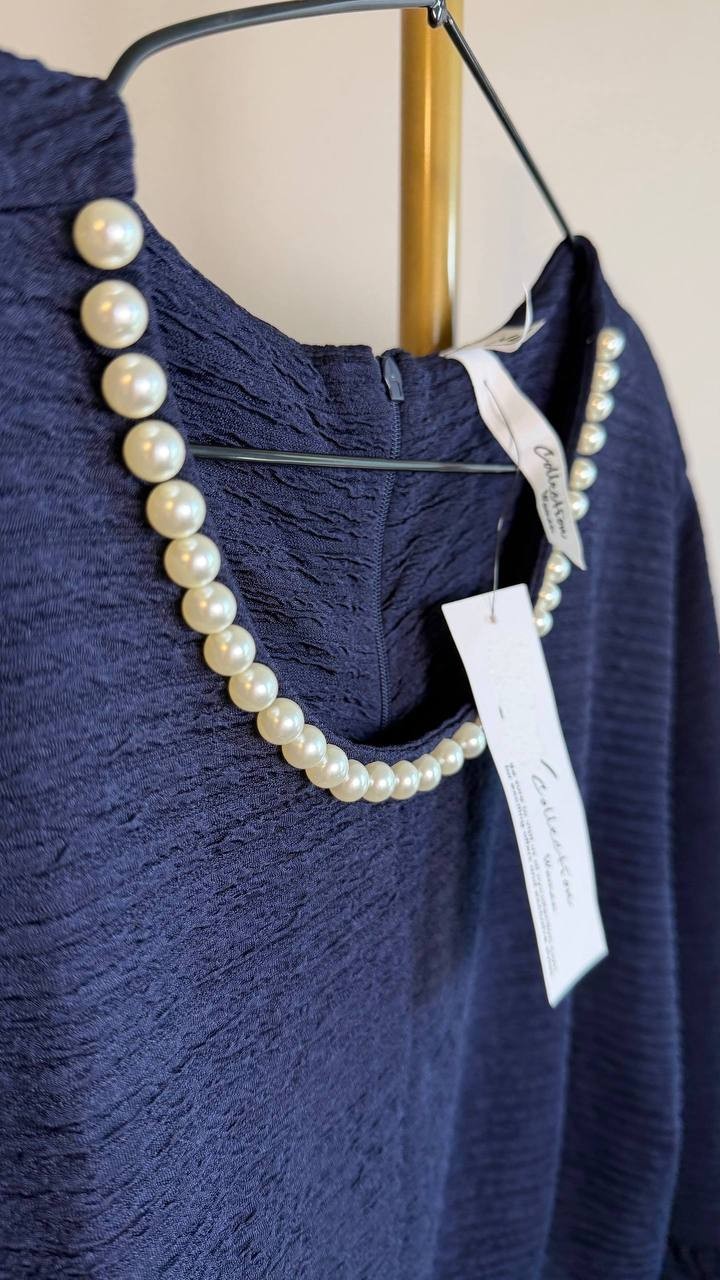 NY Collection Women’s Pearl Detail 3/4 Sleeve Dress Navy 3X Petite $65 NWT