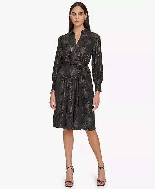 🖤 Calvin Klein Collared Self-Tie Belt A-Line Dress Black Size 8 -- Elegant Chic