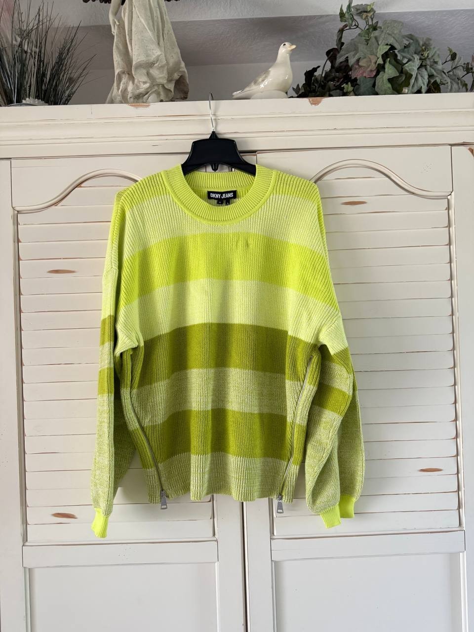 DKNY Sweater XL Yellow Green Stripe Cotton Nylon Ribbed Knit Pullover NWT